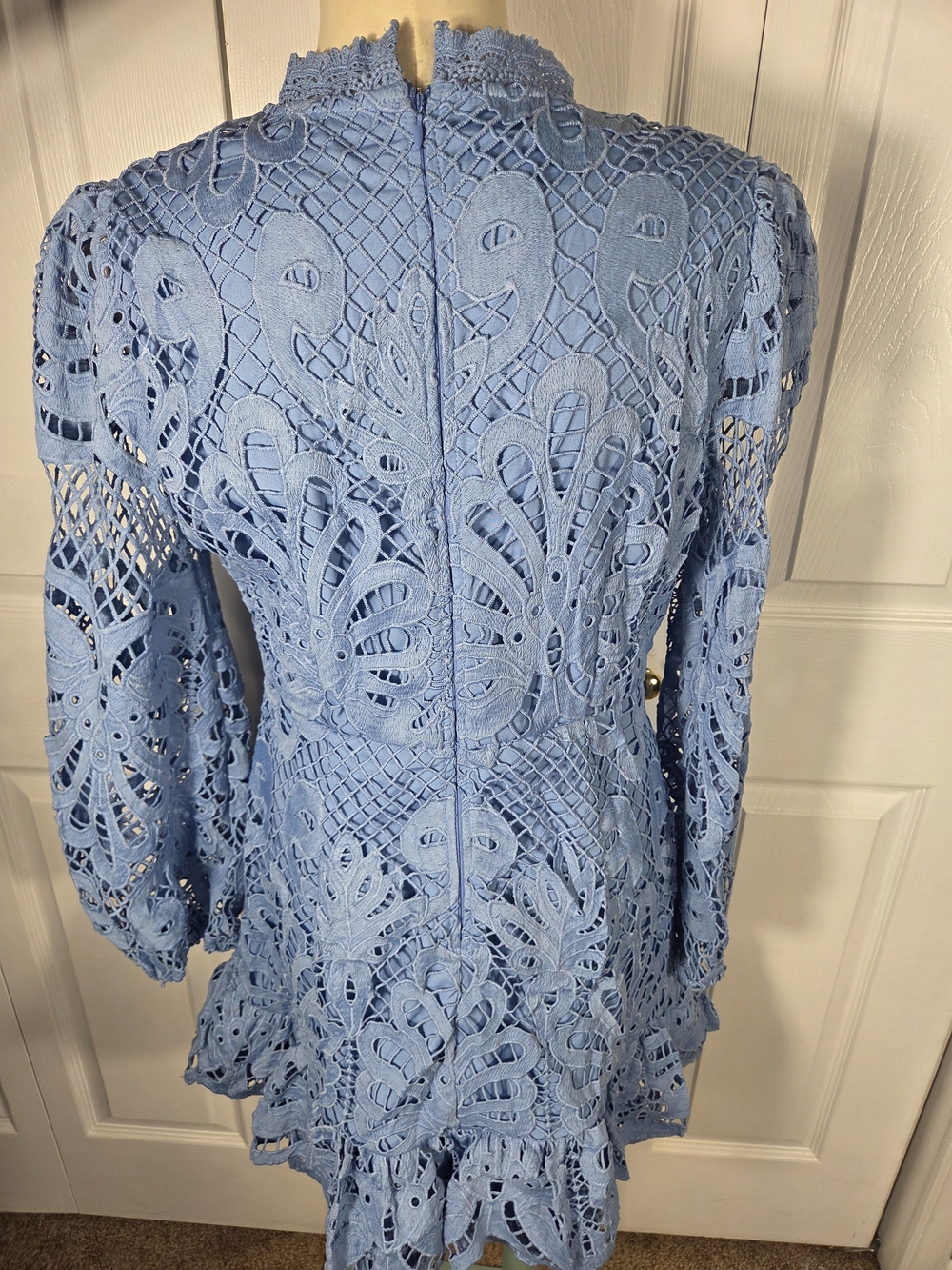 AQUA Blue Lace Mock Neck Long Sleeve Mini Dress Size L Romantic Ruffle Hem - Picture 4 of 10